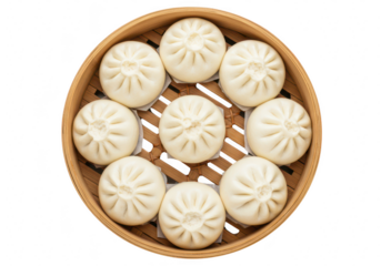 Top view of delicious steamed bao buns arranged in a bamboo steamer basket, isolated on transparent background