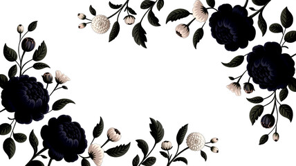 Dark floral border with white and purple roses isolated on transparent background