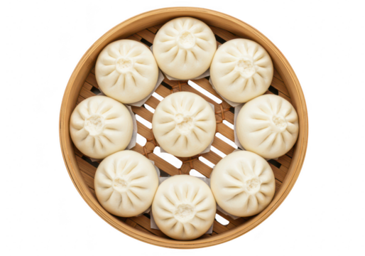 Top view of delicious steamed bao buns arranged in a bamboo steamer basket, isolated on transparent background