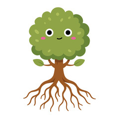 Cute cartoon tree with smiling face and visible roots in flat vector style.