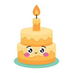 Cute cartoon birthday cake with a smiling face, candle on top, and yellow icing in flat vector style.