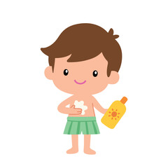Cute boy applying sunscreen on his chest while holding a bottle, summer safety vector illustration.