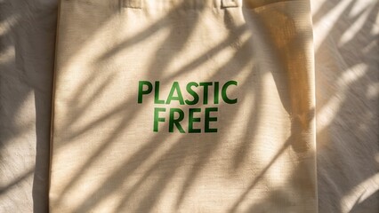 Plastic Free and No more Plastic concept. Reusable bag emphasizing sustainability with "PLASTIC FREE" text highlighted.