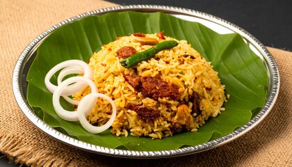 Close up of panta bhaat rice dish with fried fish green chili and onion rings on a silver plate