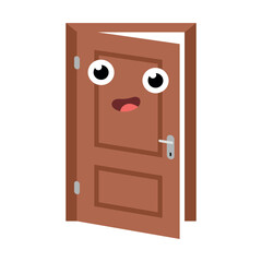 Cute cartoon  open brown door with happy face, flat vector illustration for interior or home design concepts.