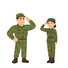 Male and female soldiers in camouflage uniform saluting, flat vector illustration of military personnel.