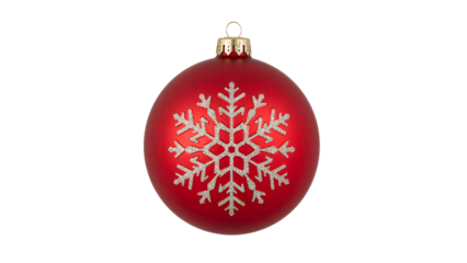 Red christmas ornament with glitter snowflake design isolated on the transparent background for festive holiday decorations