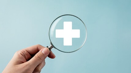 Obraz premium Close up of a hand holding a magnifying glass over a bright white medical cross symbol on a light blue background