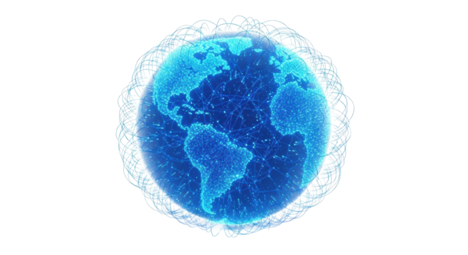 A translucent deep blue earth sphere with a pulsating, glowing blue digital network of interconnected nodes and arcing energy streams, isolated on an immaculate transparent background with diffused