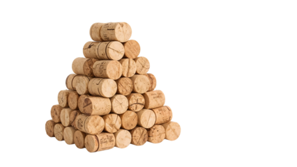 Pyramid of wine corks arranged on the transparent background symbolizing recycling, crafting, sustainability, and creative diy projects