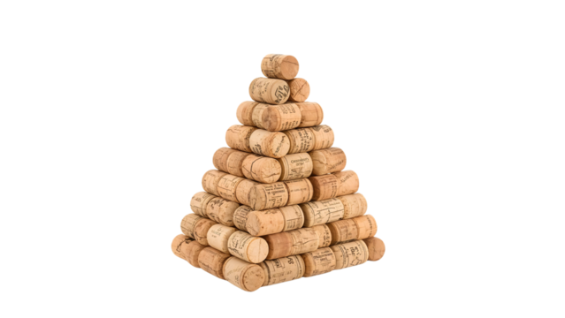 Pyramid of wine corks arranged on the transparent background for creative reuse, recycling, and ecofriendly craft concepts