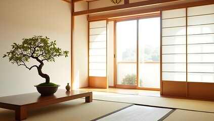 "Japanese-inspired minimalist interior with tatami mats, shoji screens, low wooden table, indoor bonsai, and soft natural light"

