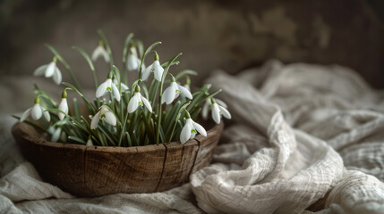 A close-up photograph of delicate snowdrops in a rustic wooden bowl, surrounded by a soft linen cloth, capturing the essence of spring.