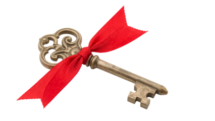 Antique brass key with red ribbon isolated on the transparent background symbolizing celebration gift opportunity access success