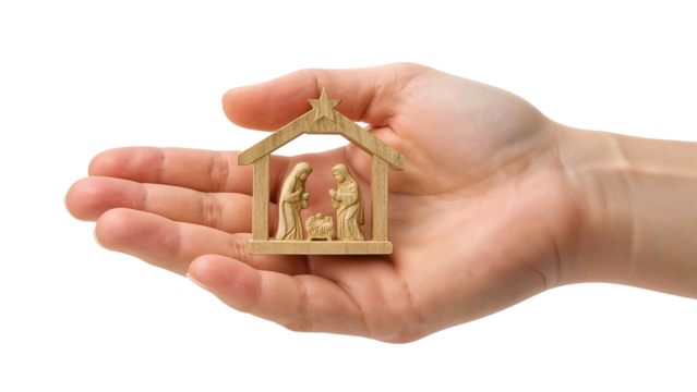 Hand holding small wooden nativity scene with holy family, christmas ornament, religious symbol, isolated on the transparent background