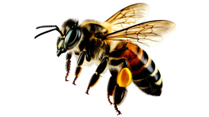 Detailed close up of a honey bee with pollen on its leg isolated on transparent background