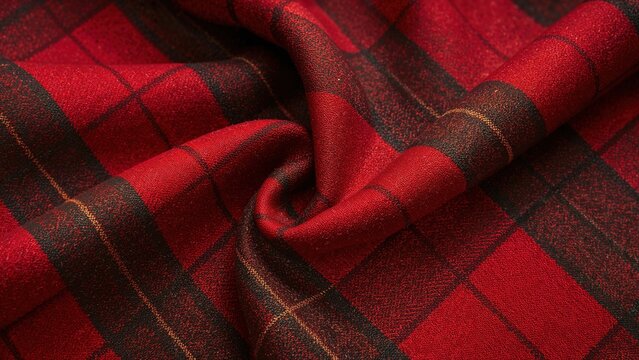 Red plaid textile closeup with folds and soft texture, classic tartan fabric pattern for fashion and interior design