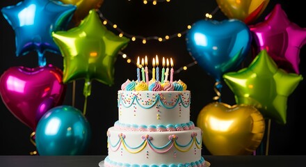 Celebrate joy with a festive birthday cake and vibrant balloons, perfect for any party