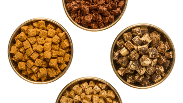 Assorted freezedried pet food in stainless steel bowls isolated on the transparent background, healthy nutritional options for cats and dogs