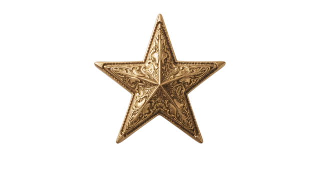 Golden ornate fivepointed star with decorative pattern isolated on the transparent background for awards, celebration, or western design