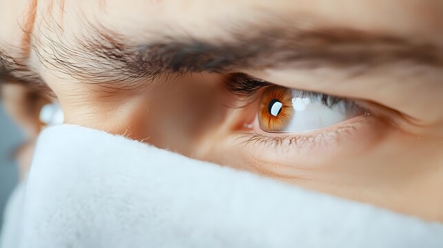 Close-up view of intense brown eye with white medical mask covering lower face, showing determination and focus during healthcare situation or pandemic.