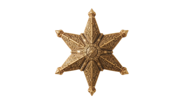 Ornate gold sixpointed star medal with vintage detailing isolated on the transparent background