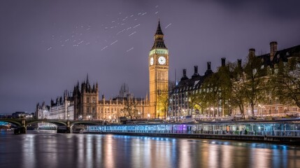 Fototapeta premium The Houses of Parliament at night, illuminated by city lights.