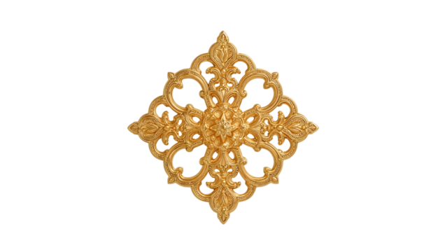 Ornate gold floral patterned decorative element isolated on the transparent background for classic interior design and luxury decoration