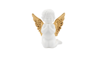 White ceramic angel figurine with golden wings kneeling in prayer on isolated background  spiritual decor and holiday ornament