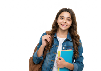 Happy young student girl with backpack and books, smiling and looking at the camera, isolated on transparent background