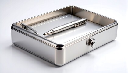 Elegant metal container with pen, minimalist design for creative writing