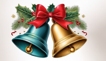 festive bells two beautifully illustrated christmas bells one golden and one teal adorned with a vibrant red bow and holly leaves capturing the spirit of the holiday season