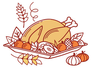 Cartoon thanksgiving day elements. Happy family autumn holiday, traditional food, harvest festival, pumpkins, turkey and pie, pilgrim hat and harvest, tidy vector isolated
