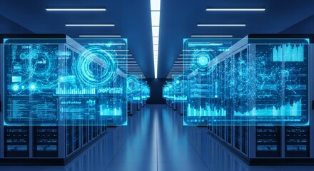 Futuristic data center glows with holographic analytics displays showing complex networks