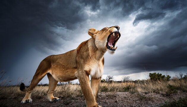 ferocious lioness roaring against a dark cloudy sky