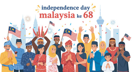 Diverse Malaysians celebrating Independence Day, waving flags and expressing joy.