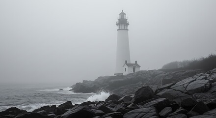 Lighthouse on Rocky Coastline in Fog