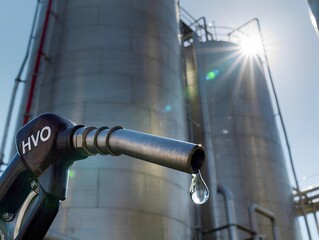 Close-up of HVO fuel nozzle with droplet reflecting industrial tanks, sunlight flare effect, cinematic focus