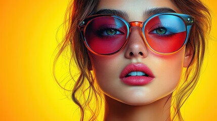 Close-up portrait of a young woman wearing colorful sunglasses against a vibrant yellow background.