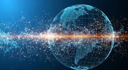 Obraz premium Global digital network connecting continents with vibrant light streaks and data points