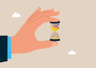 Successful is coming soon. Time management. Hourglass in hand businessman. Time management. Long term investment return, retirement pension fund.