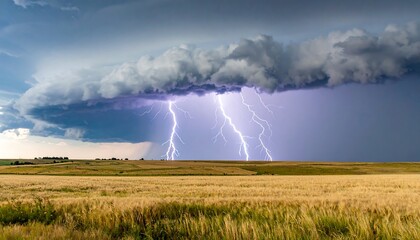 Dramatic thunderstorm with multiple lightning strikes over a golden wheat field and dark grey clouds