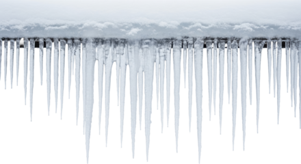 Prominent, pristine, translucent icicles with intricate internal crystalline structures and sharp tips, gleaming from a soft, powdery snow-covered ledge against a minimalist white background. Concept