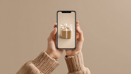 Hands hold phone, gift image