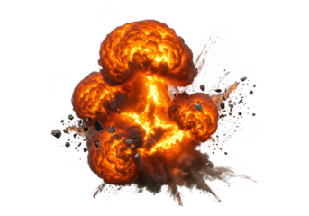 A powerful, fiery explosion with debris scattering outwards, isolated on a transparent background