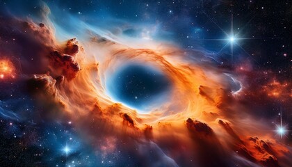 Obraz premium enigmatic nebula with dark central void surrounded by vivid cosmic clouds in orange and blue depicting the vastness and mystery of the universe