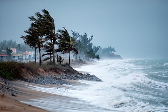 A beach scene with crashing waves and strong winds as a cyclone approaches, with trees swaying and the sky darkening, showcasing naturea??s power.