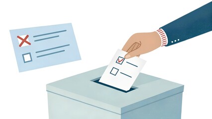 Democratic voting concept, featuring a stylized hand placing a paper ballot into a slot of a ballot box, set against a clean, minimalistic background.