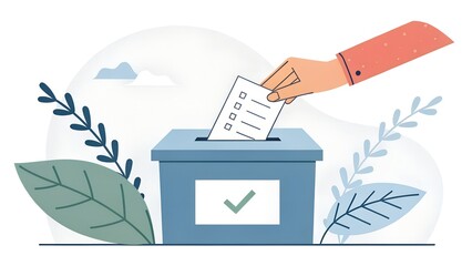 Democratic voting concept, featuring a stylized hand placing a paper ballot into a slot of a ballot box, set against a clean, minimalistic background.