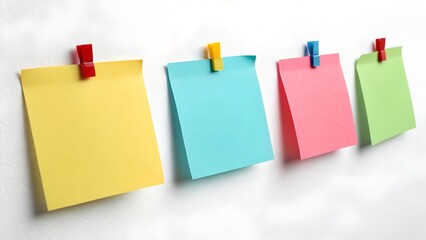 different colored sticky notes taped against wall isolated on white or transparent .